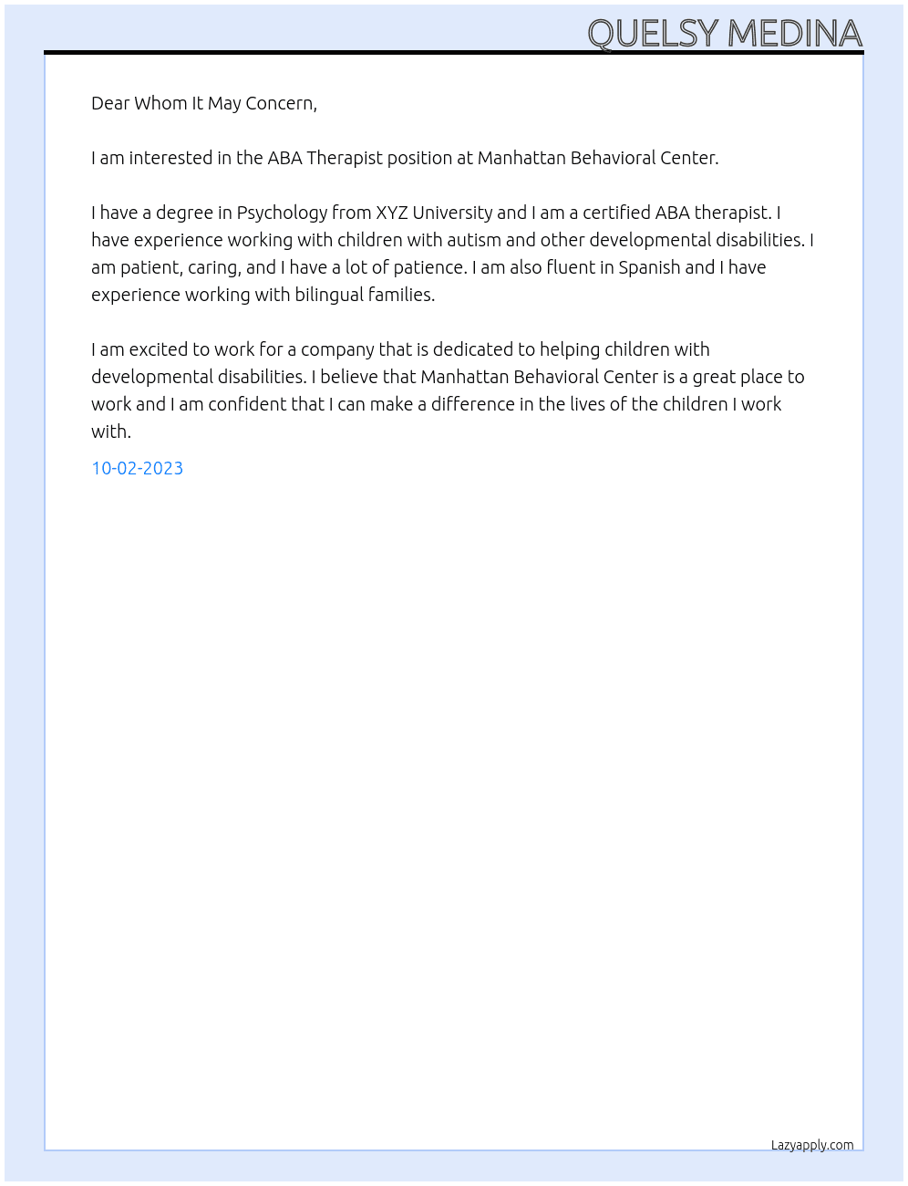 ABA Therapist  At Manhattan Behavioral Center Cover Letter
