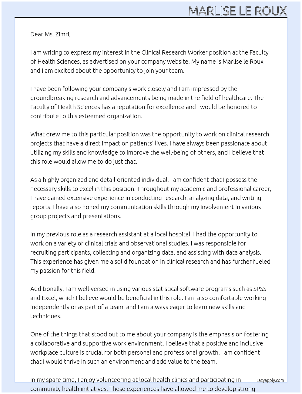 Clinical Research Worker At Faculty of Health Schiences Cover Letter