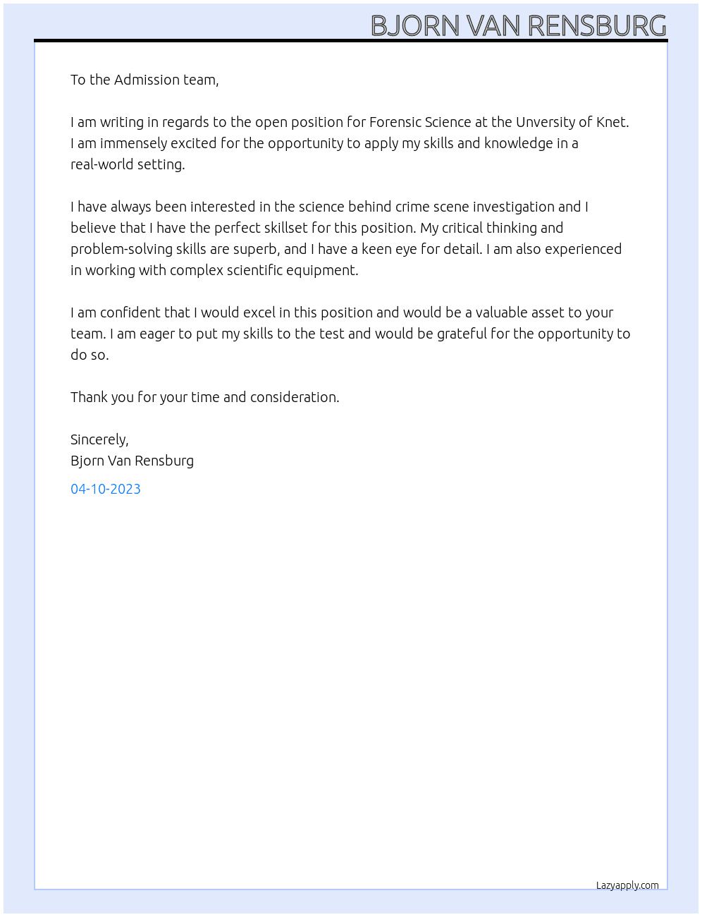 Forensic Science At Unversity of Knet Cover Letter