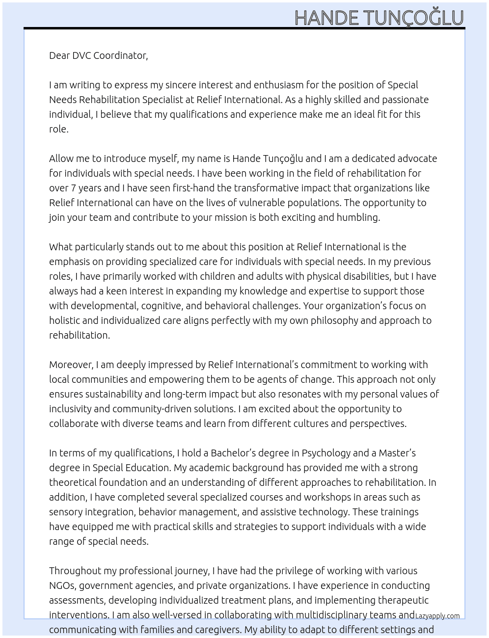 Special Needs Rehabilitation Specialist At Relief International Cover Letter