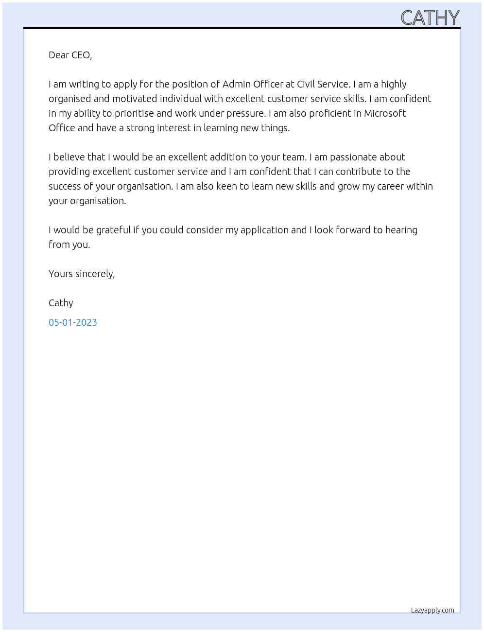 Admin Officer At Civil Service Cover Letter