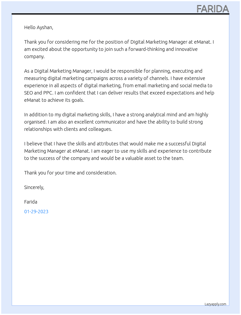 Digital marketing manager At eManat Cover Letter