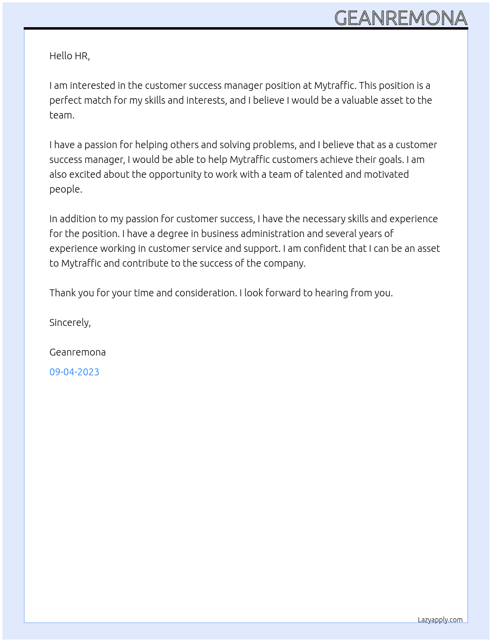 customer success manager At Mytraffic Cover Letter