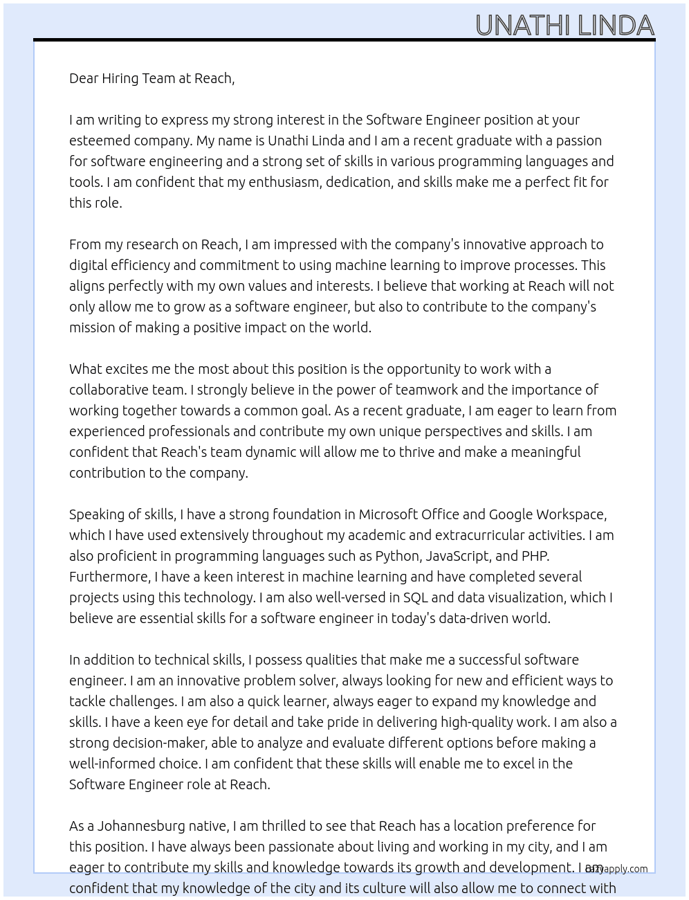 Software Engineer  At Reach Cover Letter