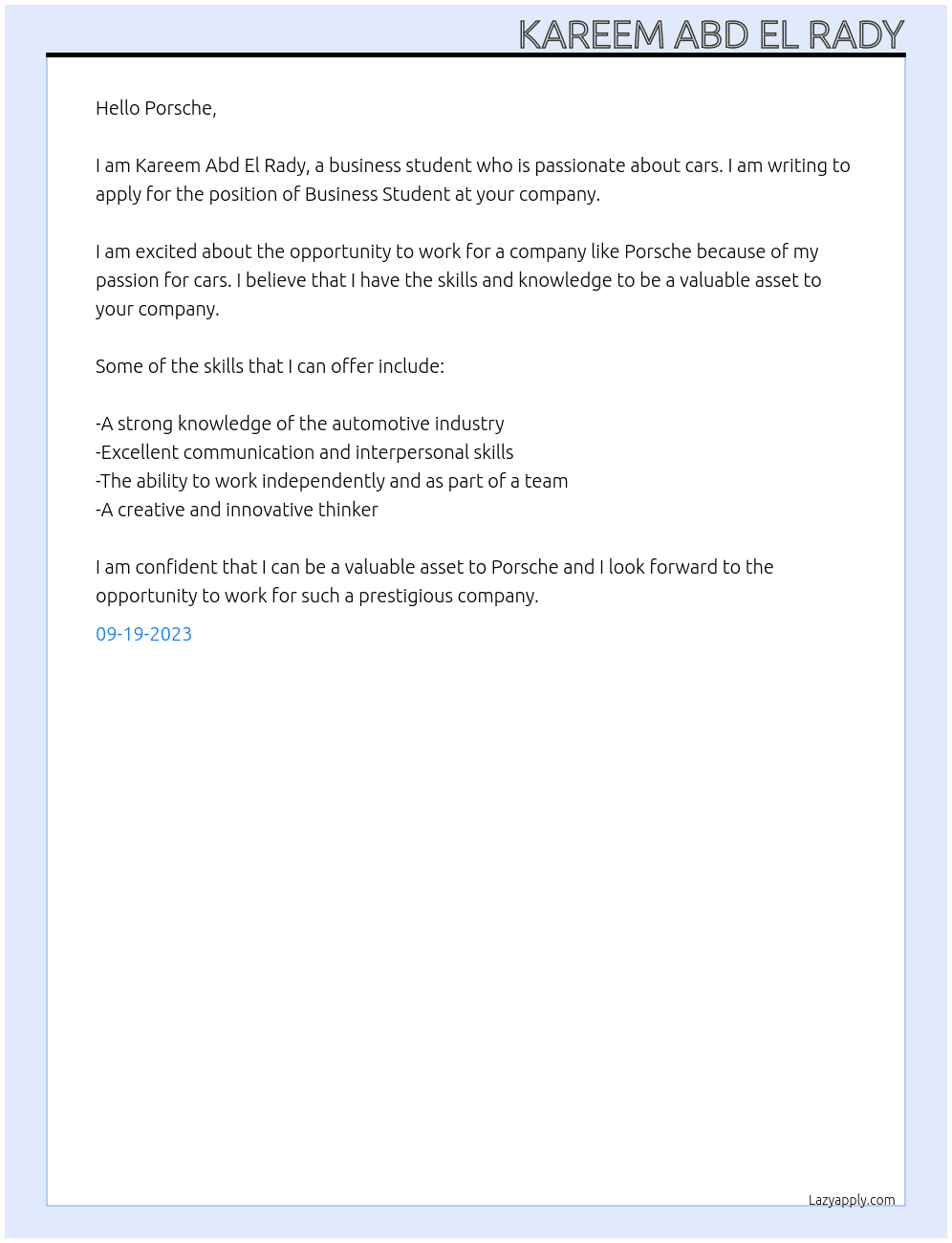 Business Student  At Porsche Cover Letter