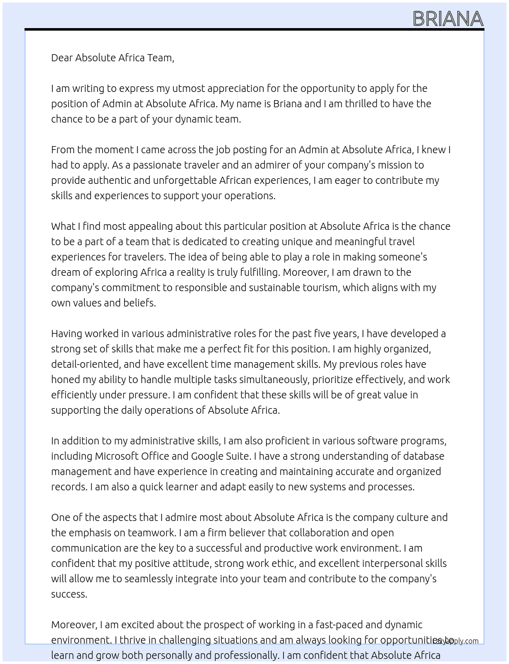 Admin At Absolute Africa Cover Letter