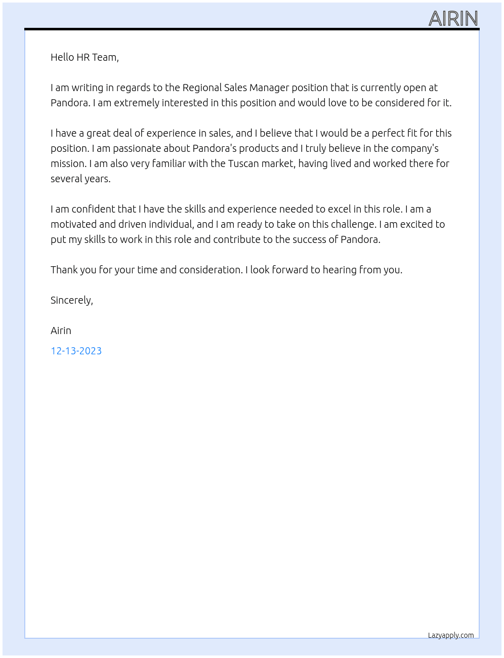 Regional Sales Manager At Pandora Cover Letter