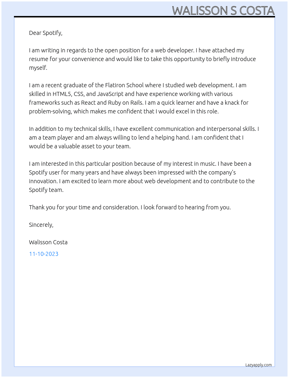desenvolvedor web  At spotfy Cover Letter