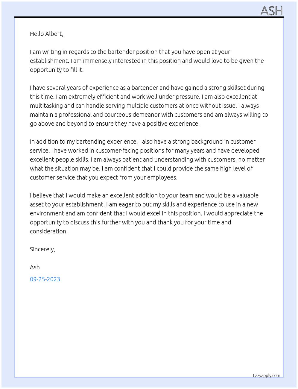 bartender At albert Cover Letter