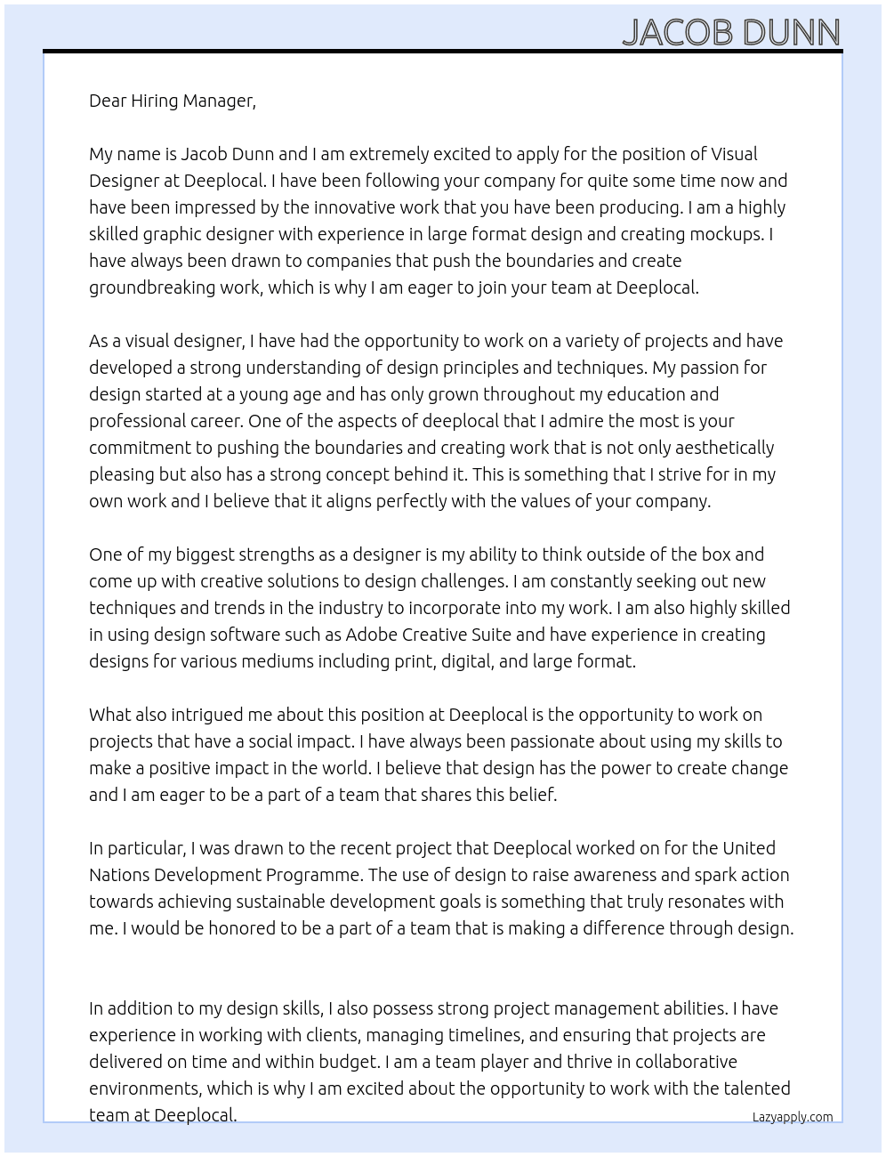 Visual Designer At Deeplocal Cover Letter