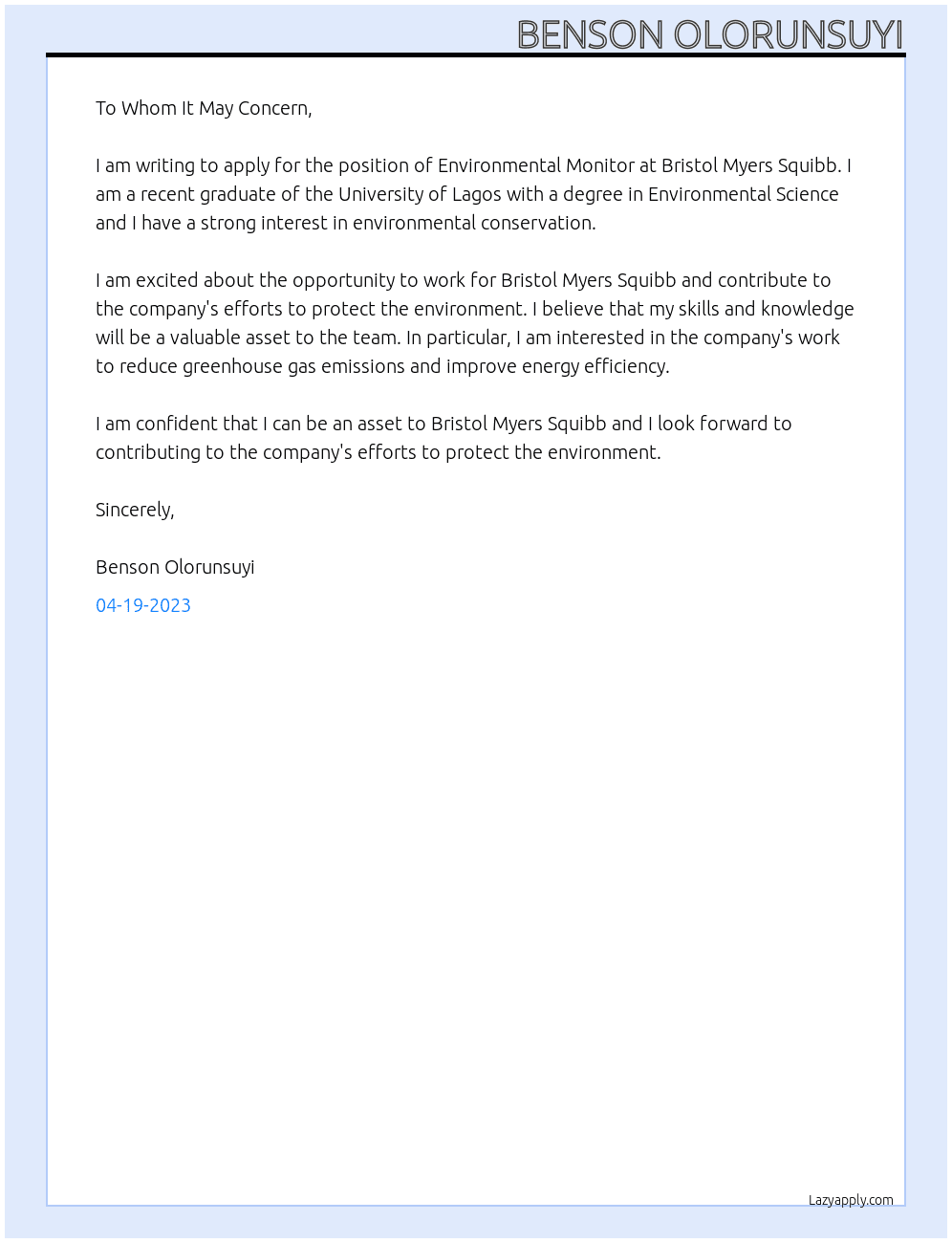 Environmental monitoring At bristol myers squibb Cover Letter