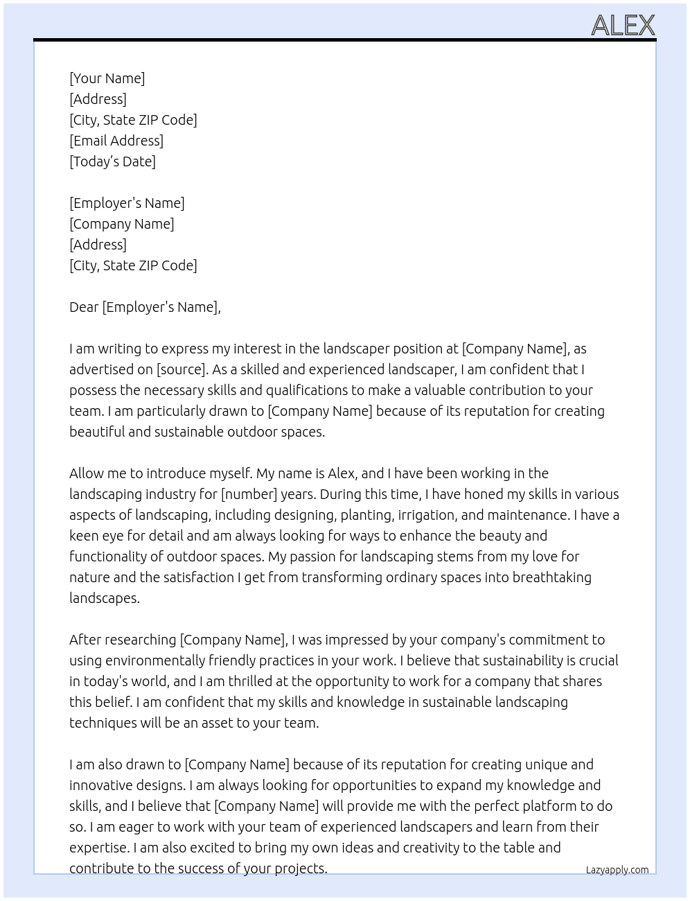 landscaper  At landscaping  Cover Letter