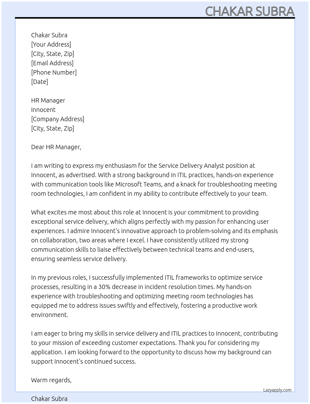 Service Delivery Analyst At Innocent Cover Letter