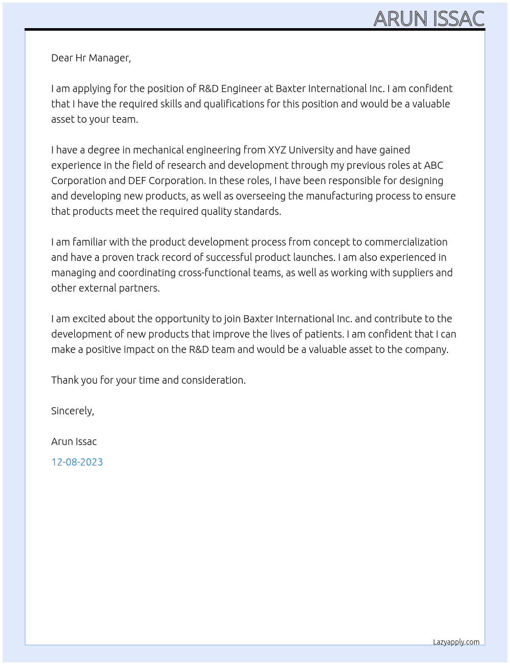 R&D Engineer At Baxter International Inc.  Cover Letter
