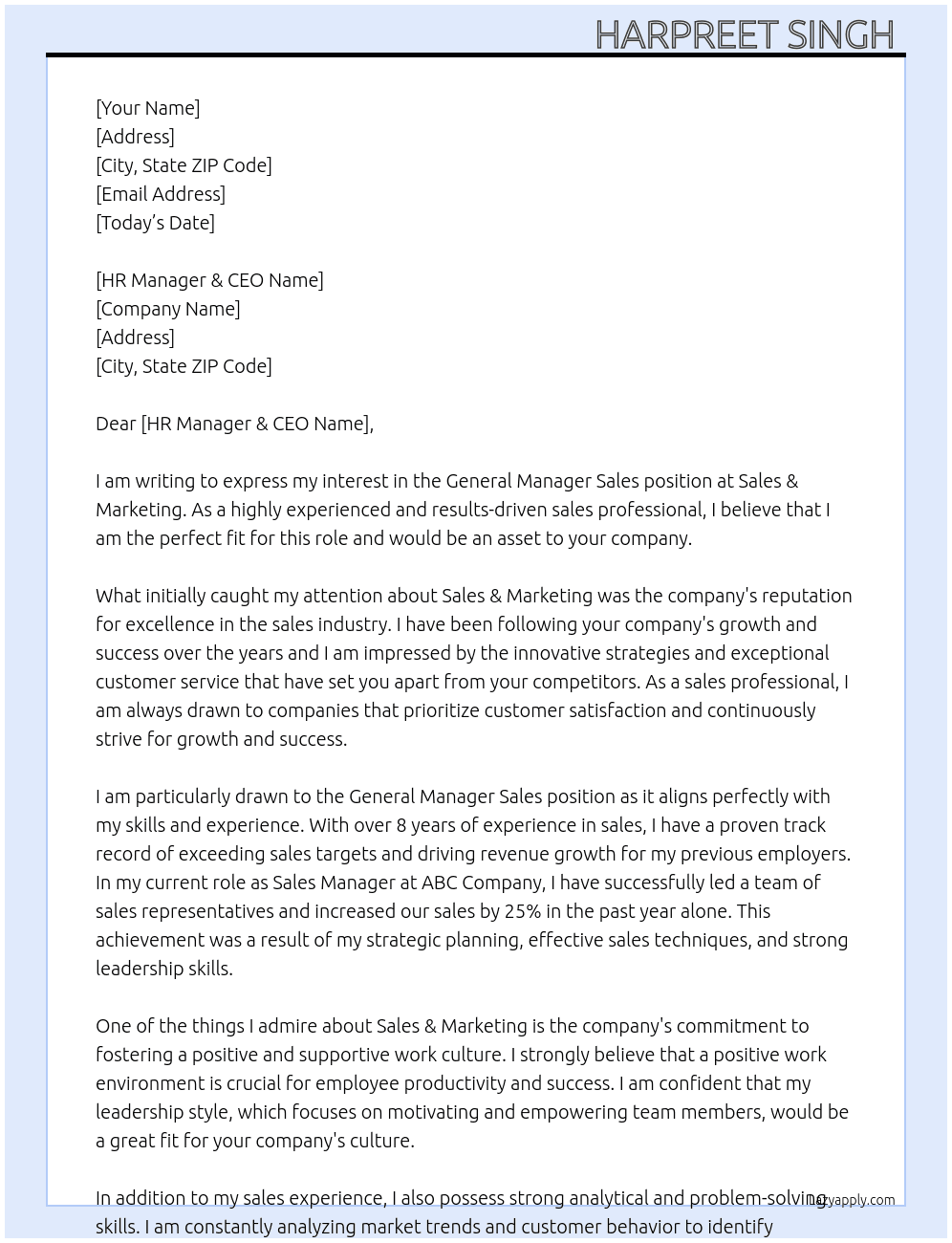 General Manager Sales  At Sales & Marketing  Cover Letter