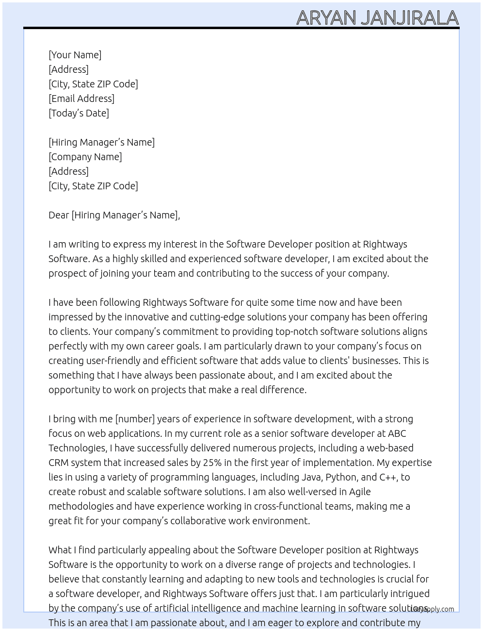 Software Developer At Rigthways Software Cover Letter