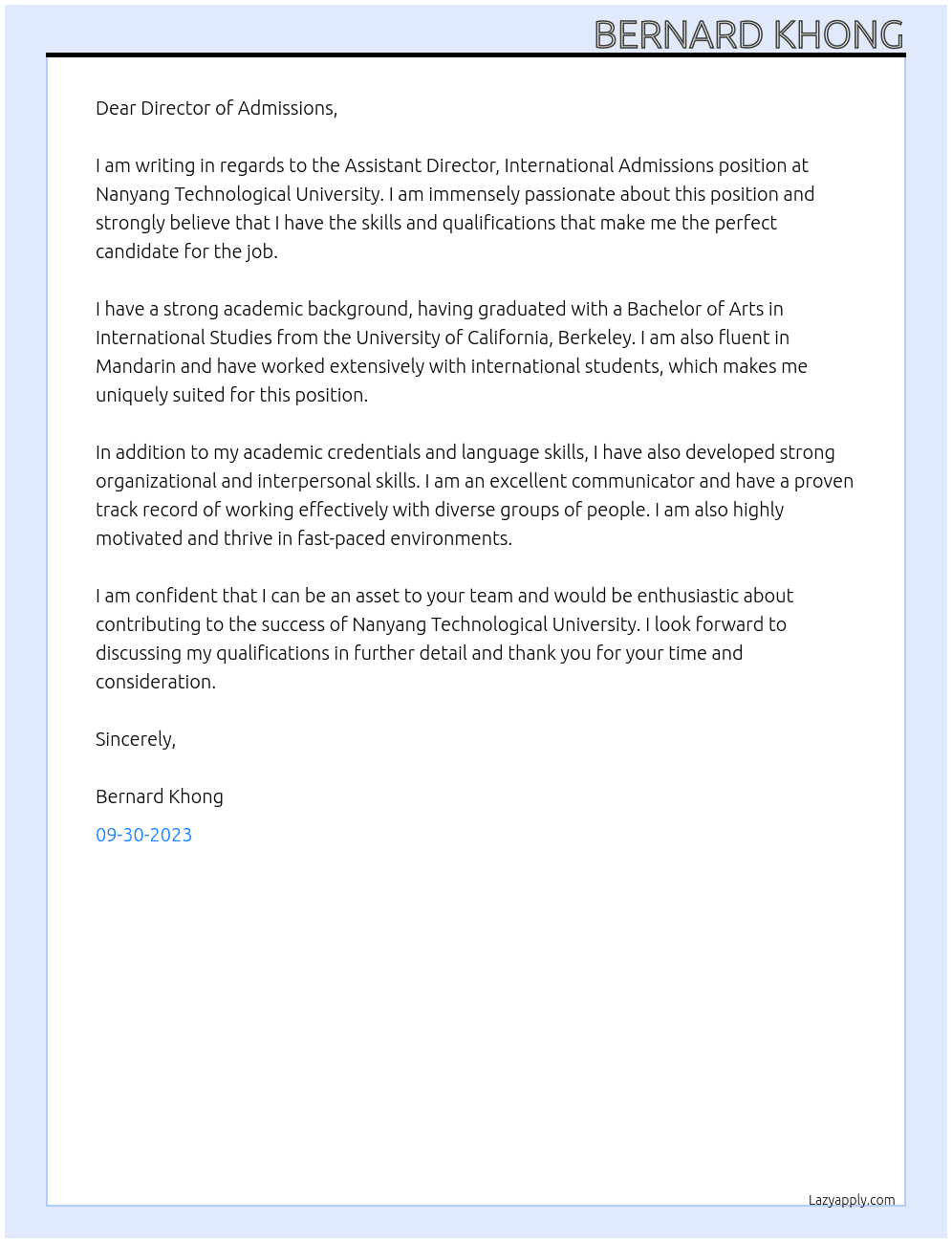 Assistant Director, International Admissions At Nanyang Technological University Cover Letter