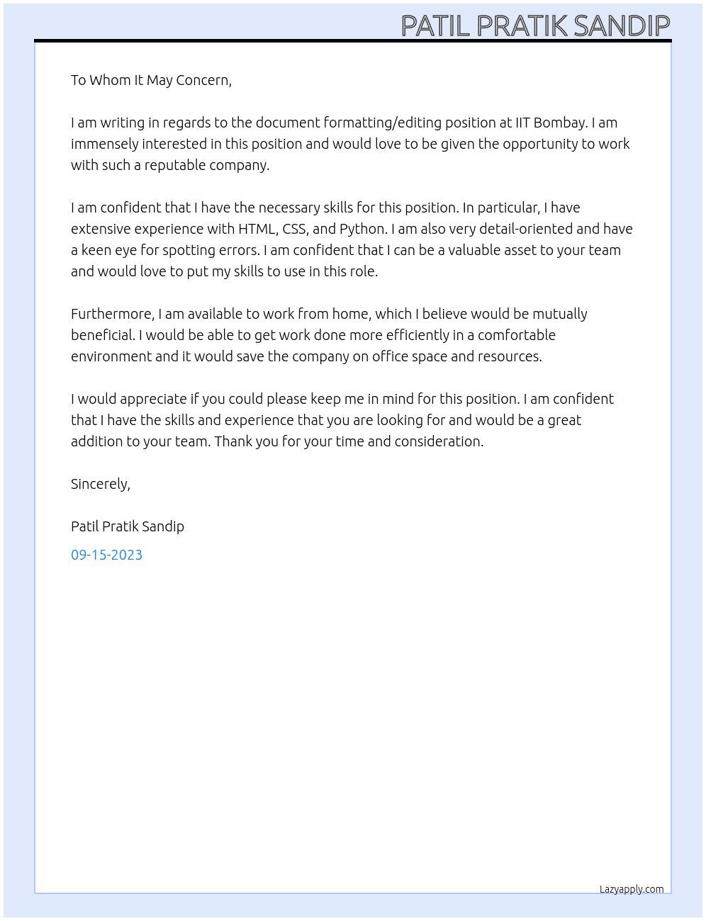 document formaatting / editing At IIT bombay Cover Letter