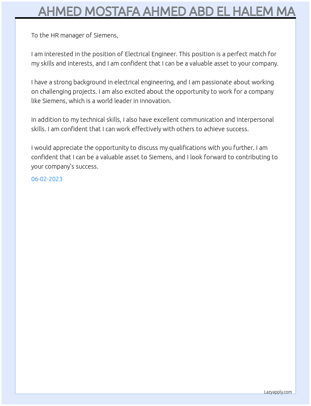 Electrical Engineer At Company website  Cover Letter