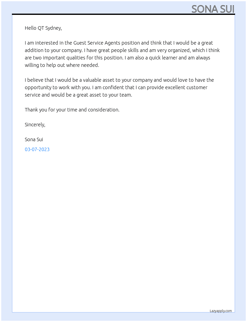 Guest Service Agents At QT Sydney Cover Letter