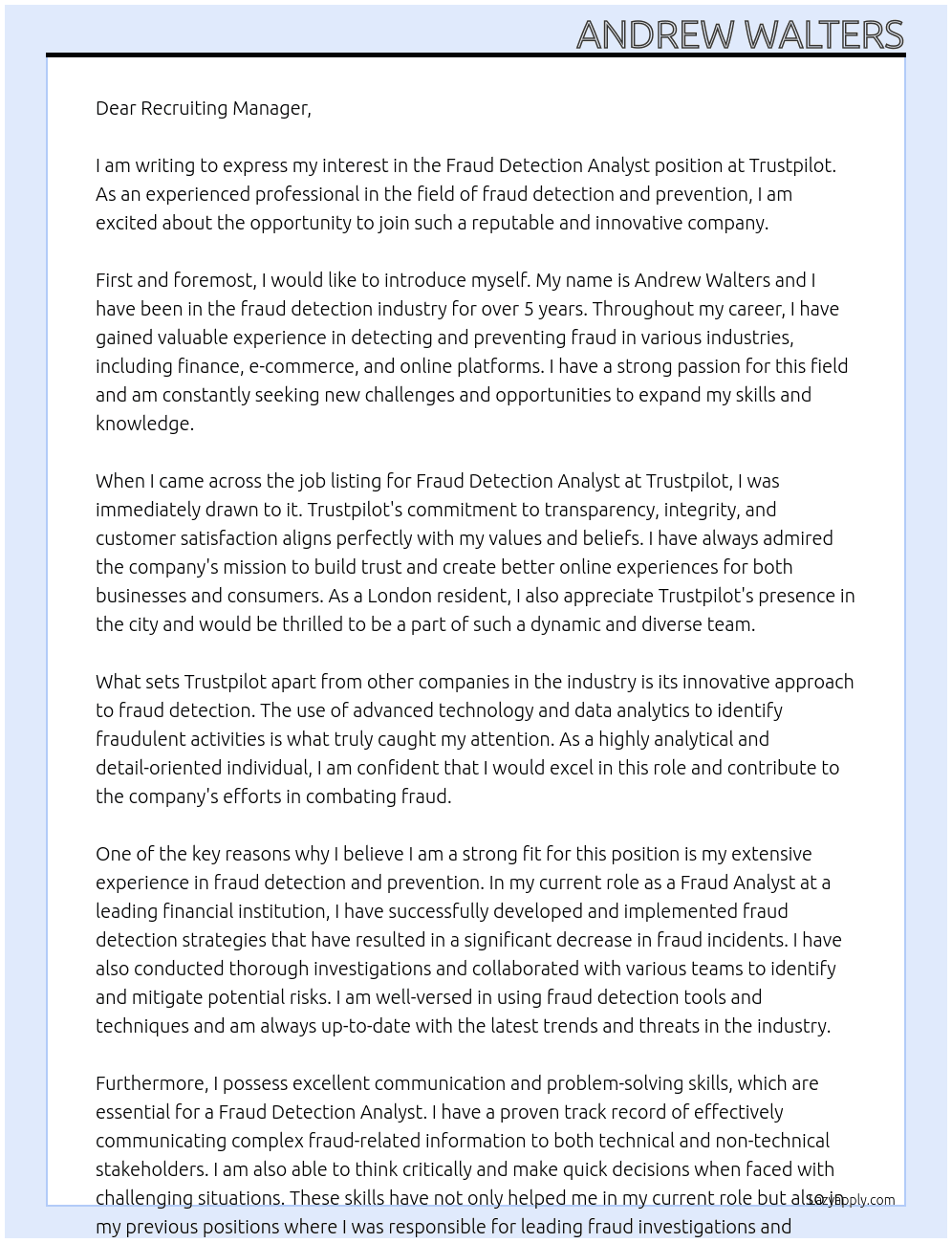 Fraud Detection Analyst At Trustpilot Cover Letter