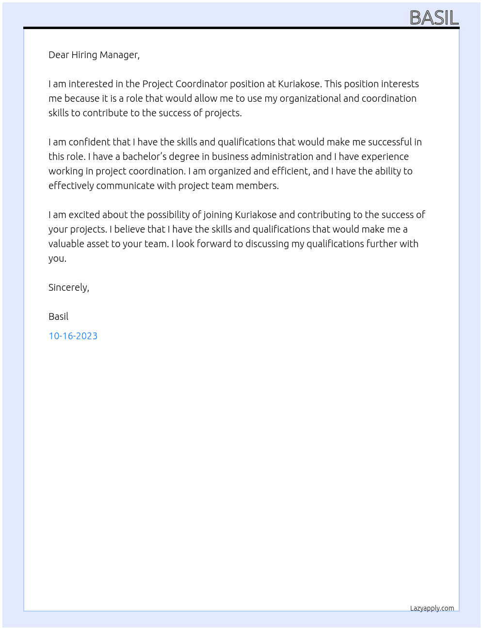 Project Coordinator At Kuriakose Cover Letter