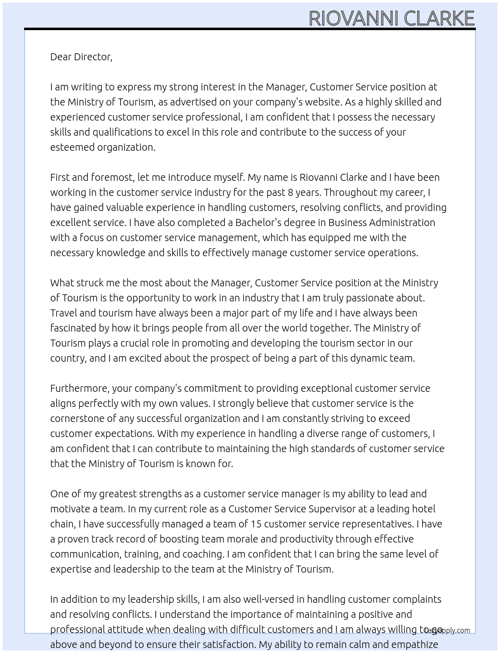 Manager, Customer Service At Ministry of Tourism Cover Letter