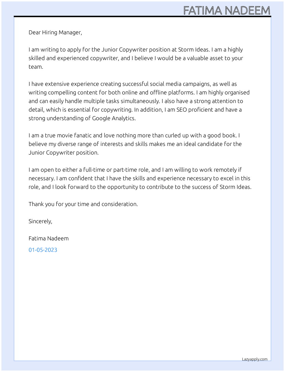 Junior Copywriter At Storm Ideas Cover Letter