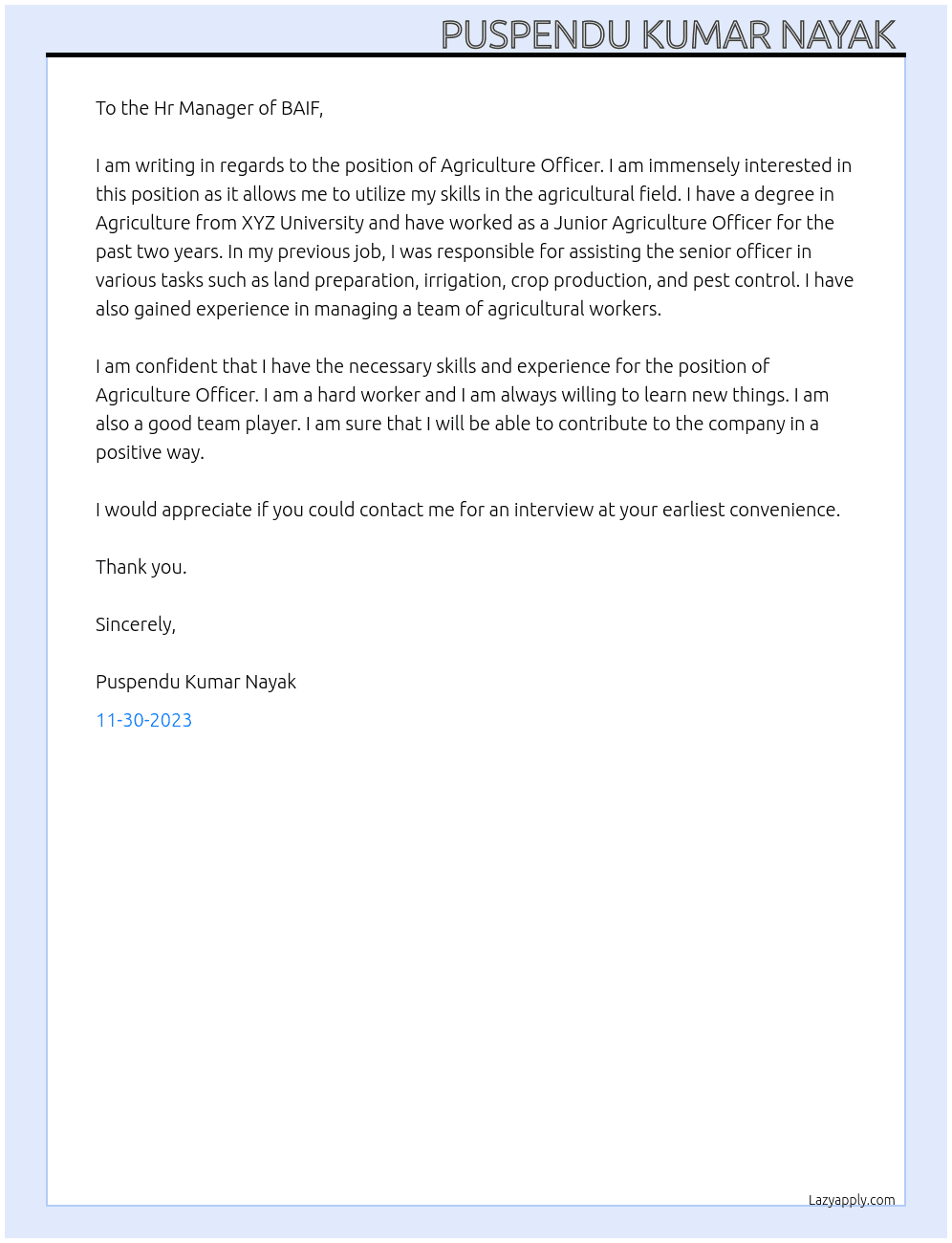 Agriculture Officer  At BAIF Cover Letter