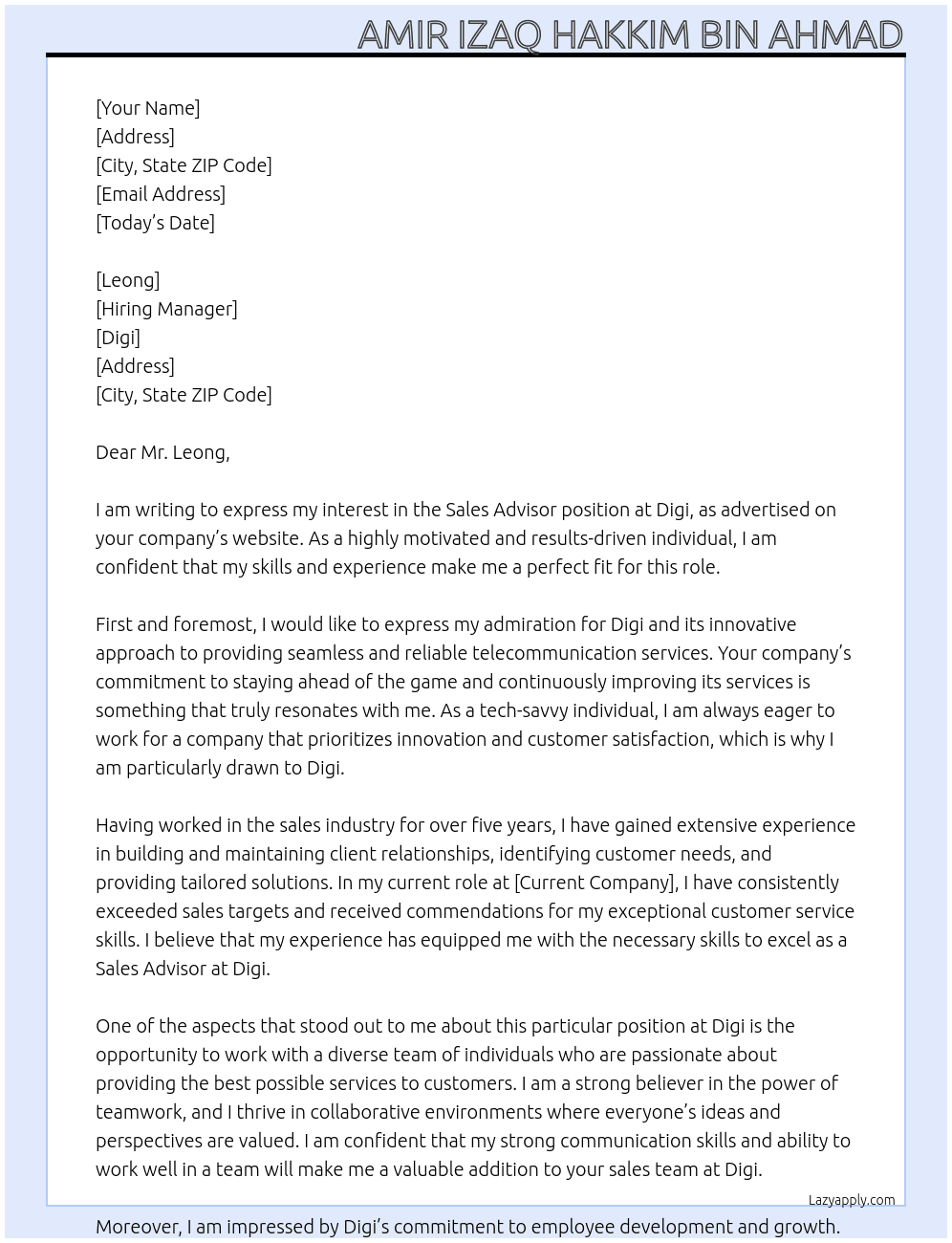 sales advisor At digi Cover Letter