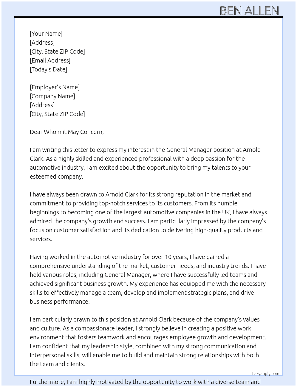 general manager At arnold clark  Cover Letter