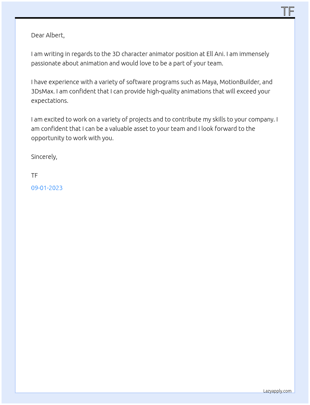 3D character animator At Ell Ani Cover Letter