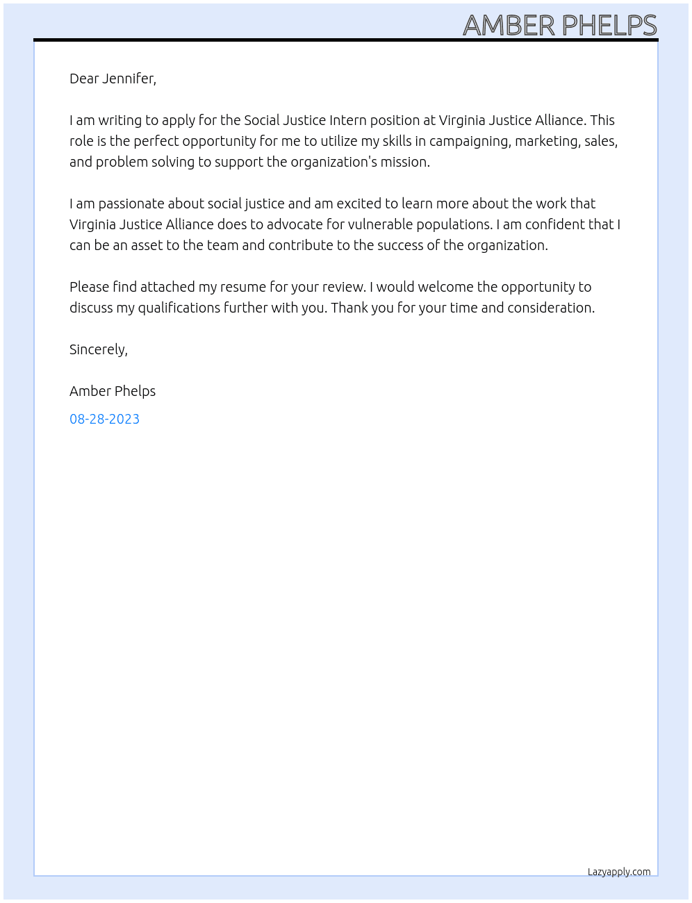 Social Justice Intern At Virginia Justice Alliance Cover Letter