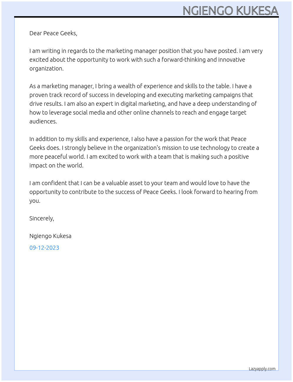 marketing manager  At Jobe at Peace geeks  Cover Letter