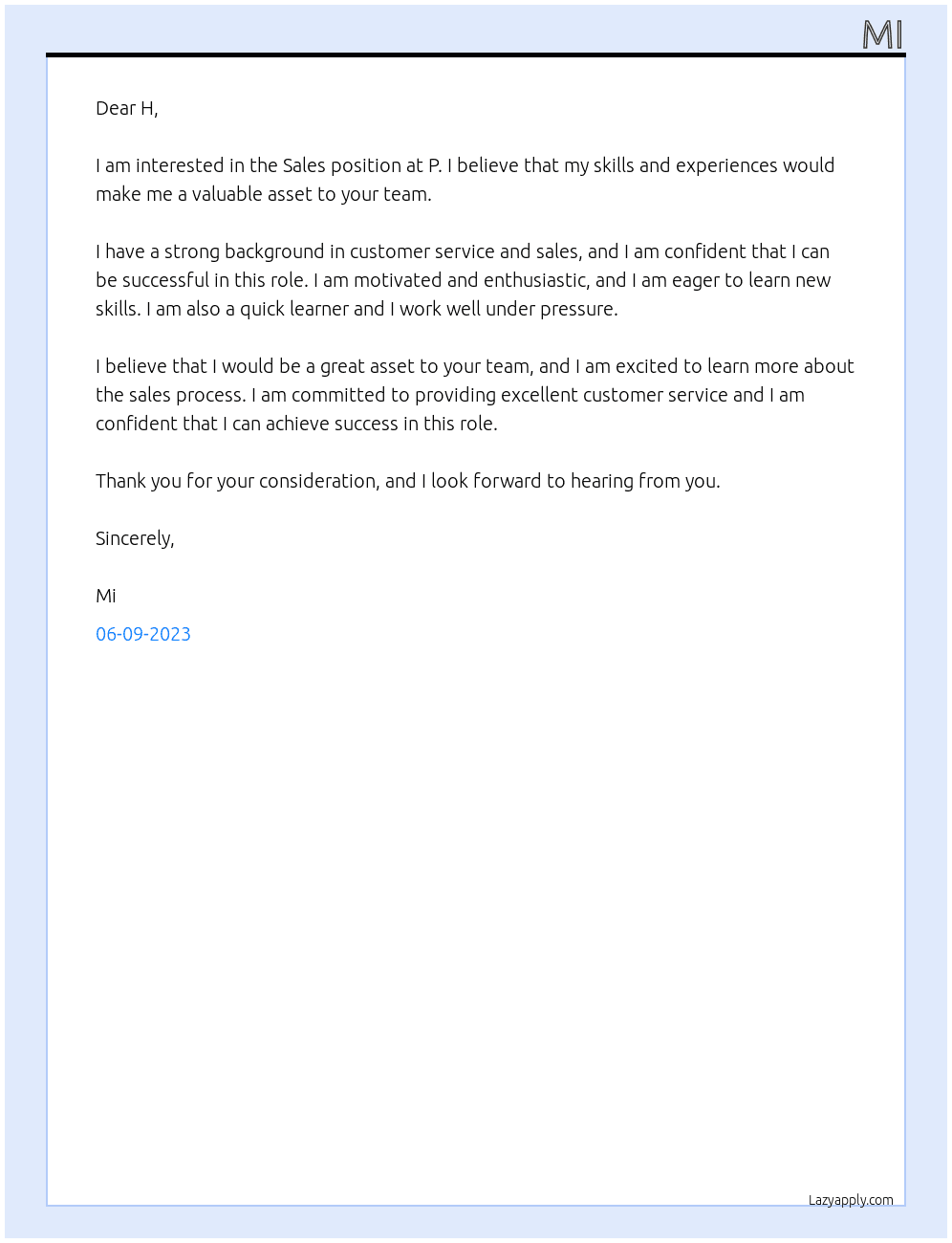 Sale At P Cover Letter
