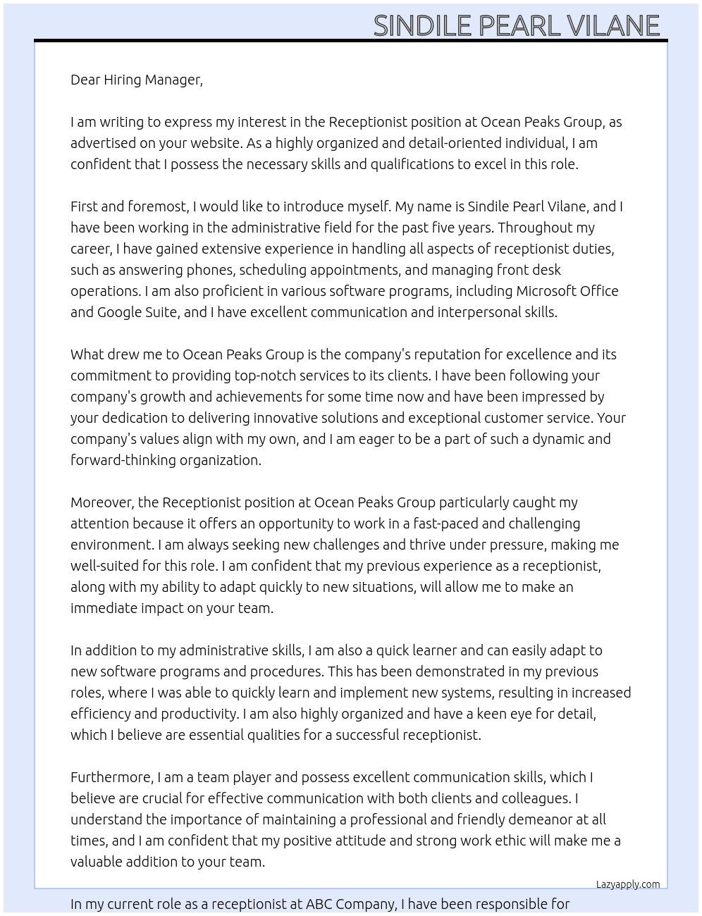 Receptionist At Ocean Peaks Group Cover Letter