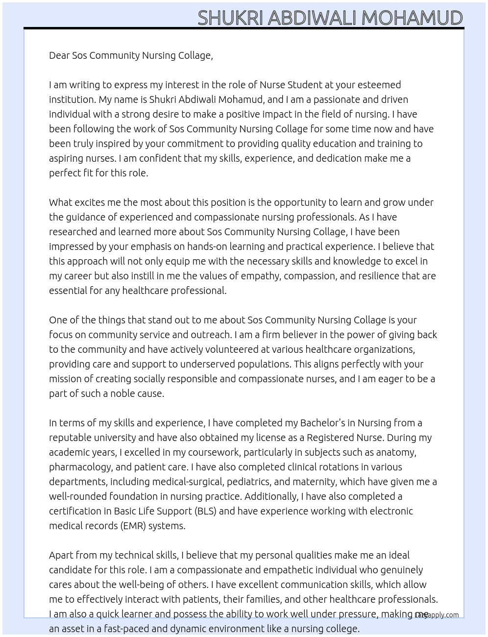 Nurse student At Sos community Nursing Collage Cover Letter