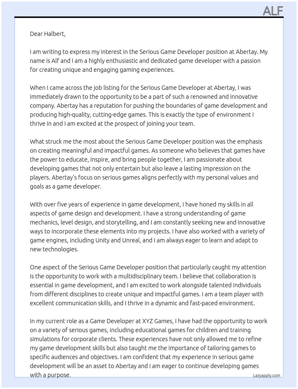 Serious Game Developer At Abertay Cover Letter