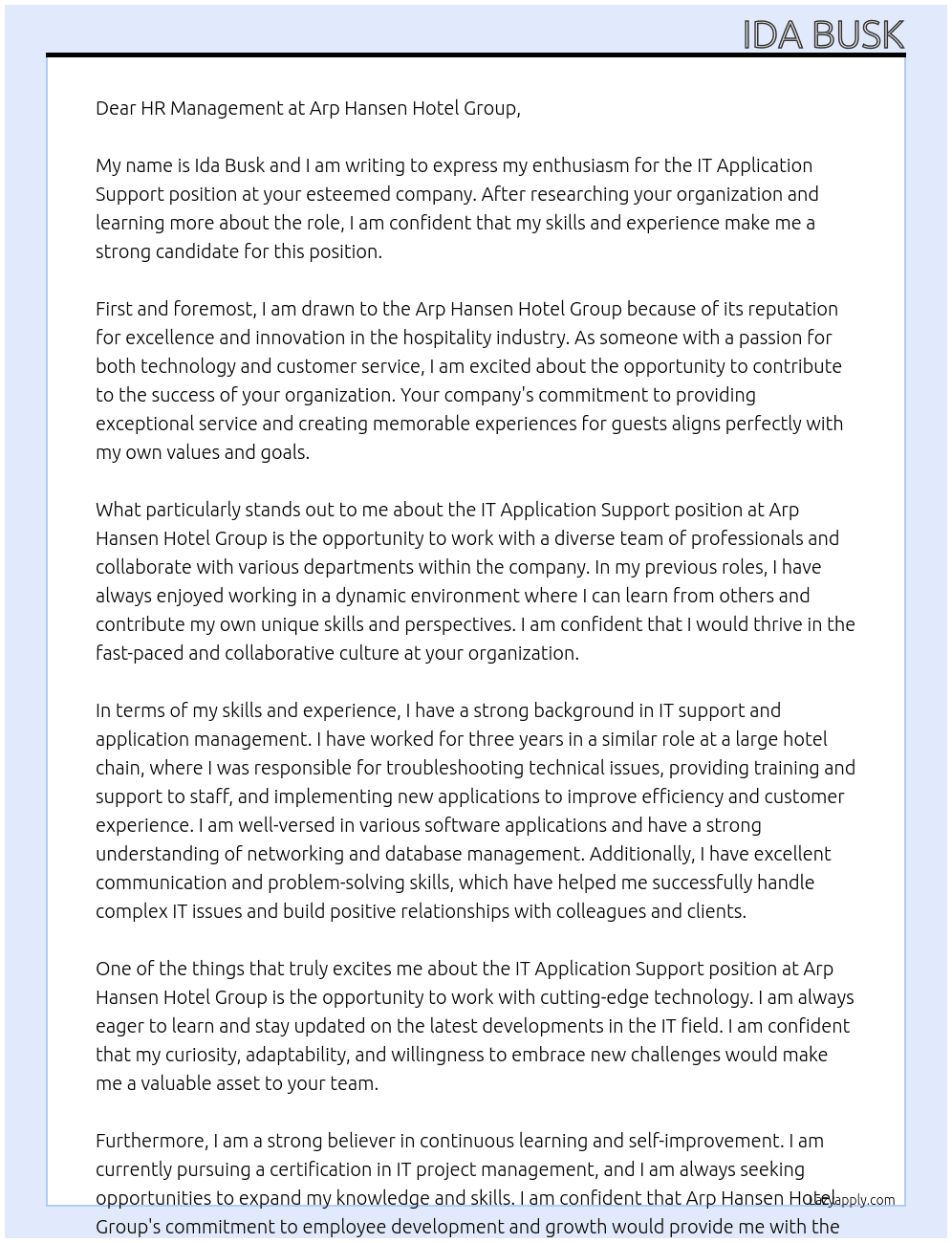 IT Application Support At Arp Hansen Hotel Group Cover Letter