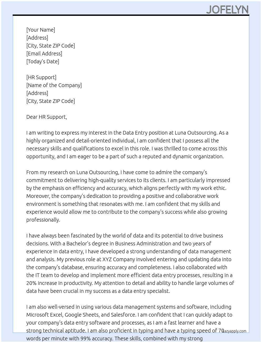 Data Entry At Luna Outsourcing Cover Letter