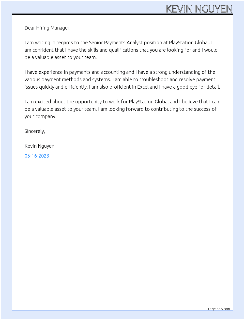 Senior Payments Analyst At PlayStation Globa Cover Letter