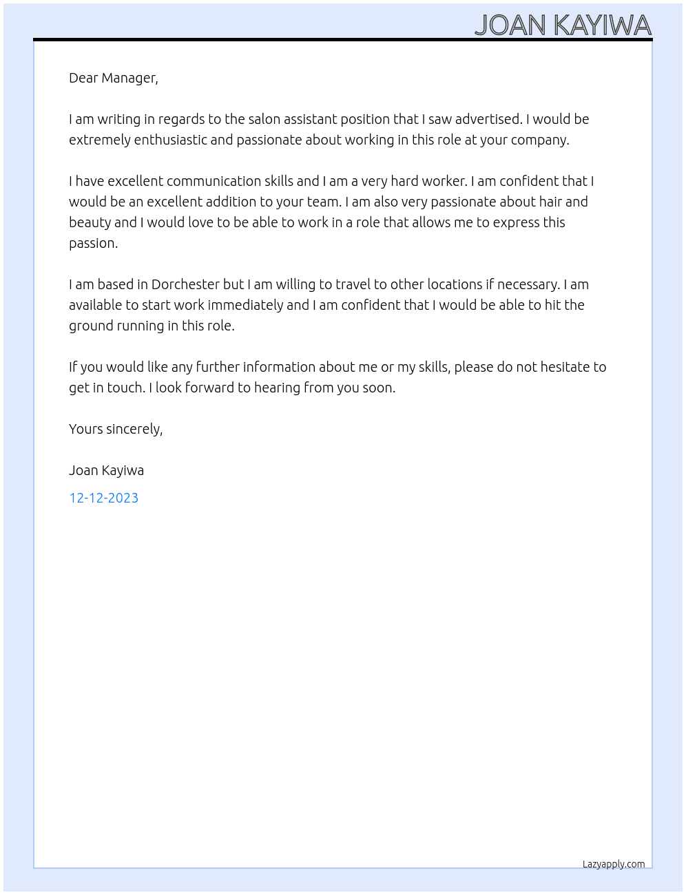 salon assistant At Robin James  Cover Letter