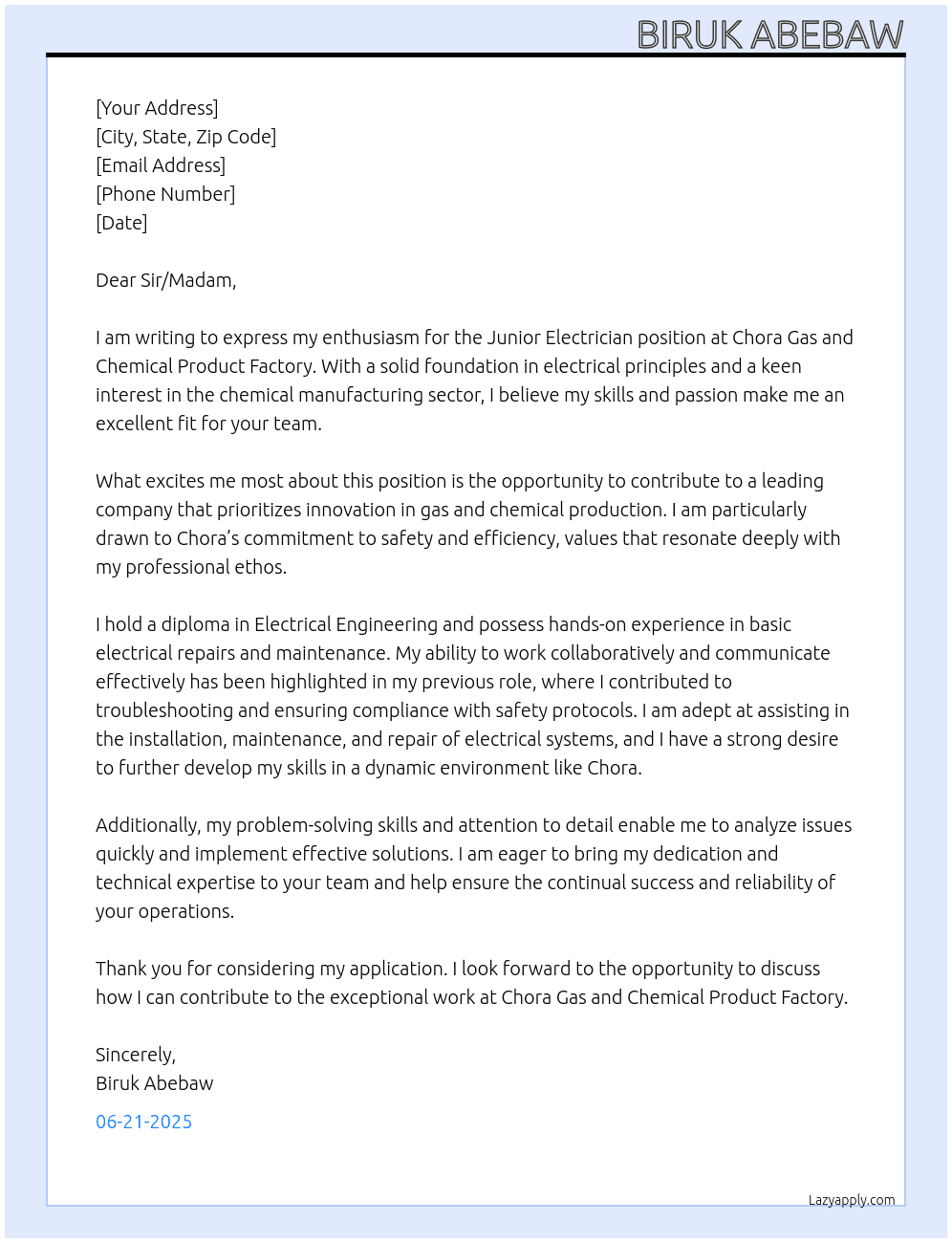 Junior Electrician At Chora Gas and Chemical Product Factory Cover Letter