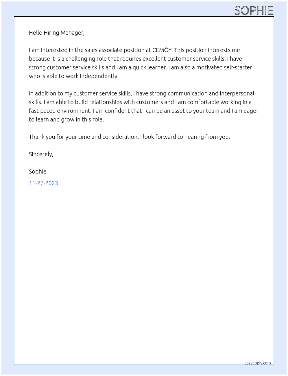 Sales associate  At CEMÔY Cover Letter
