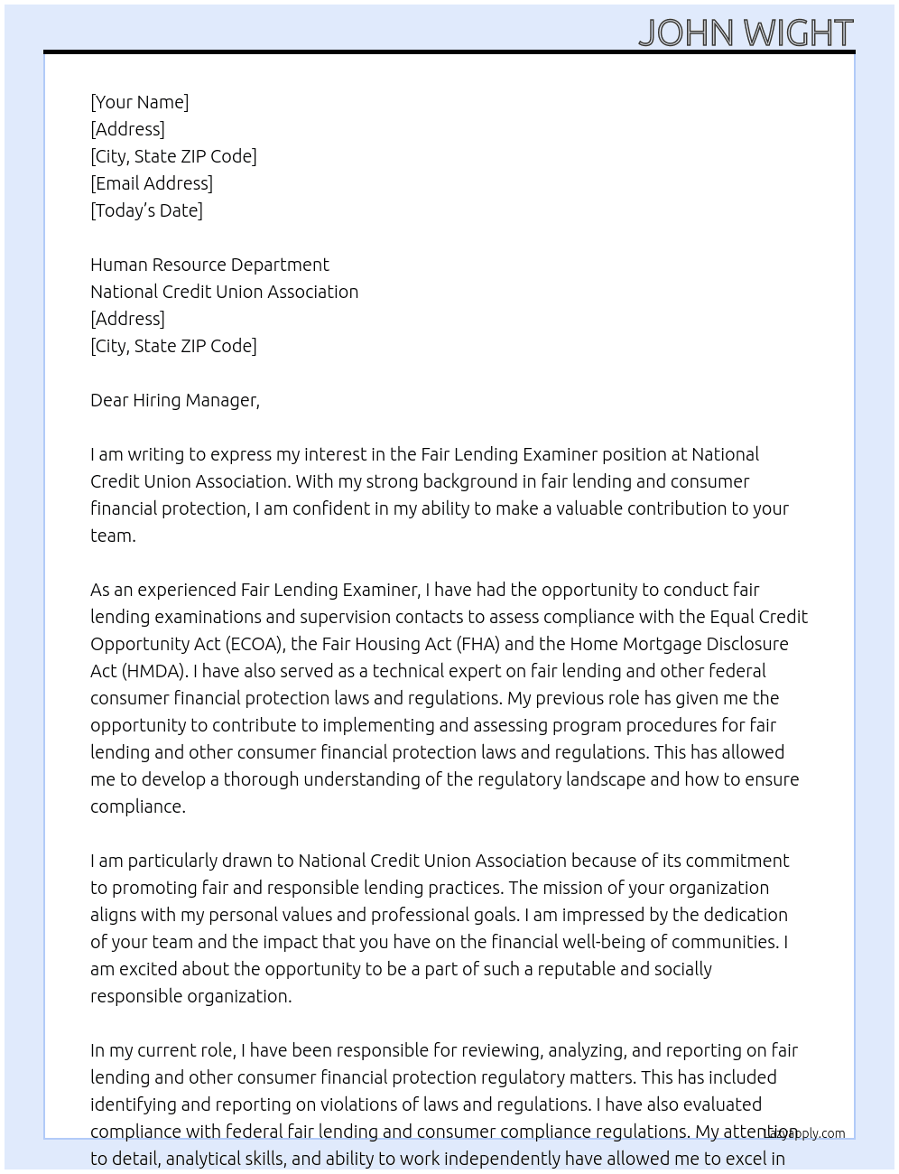 Fair Lending Examiner At National Credit Union Association  Cover Letter