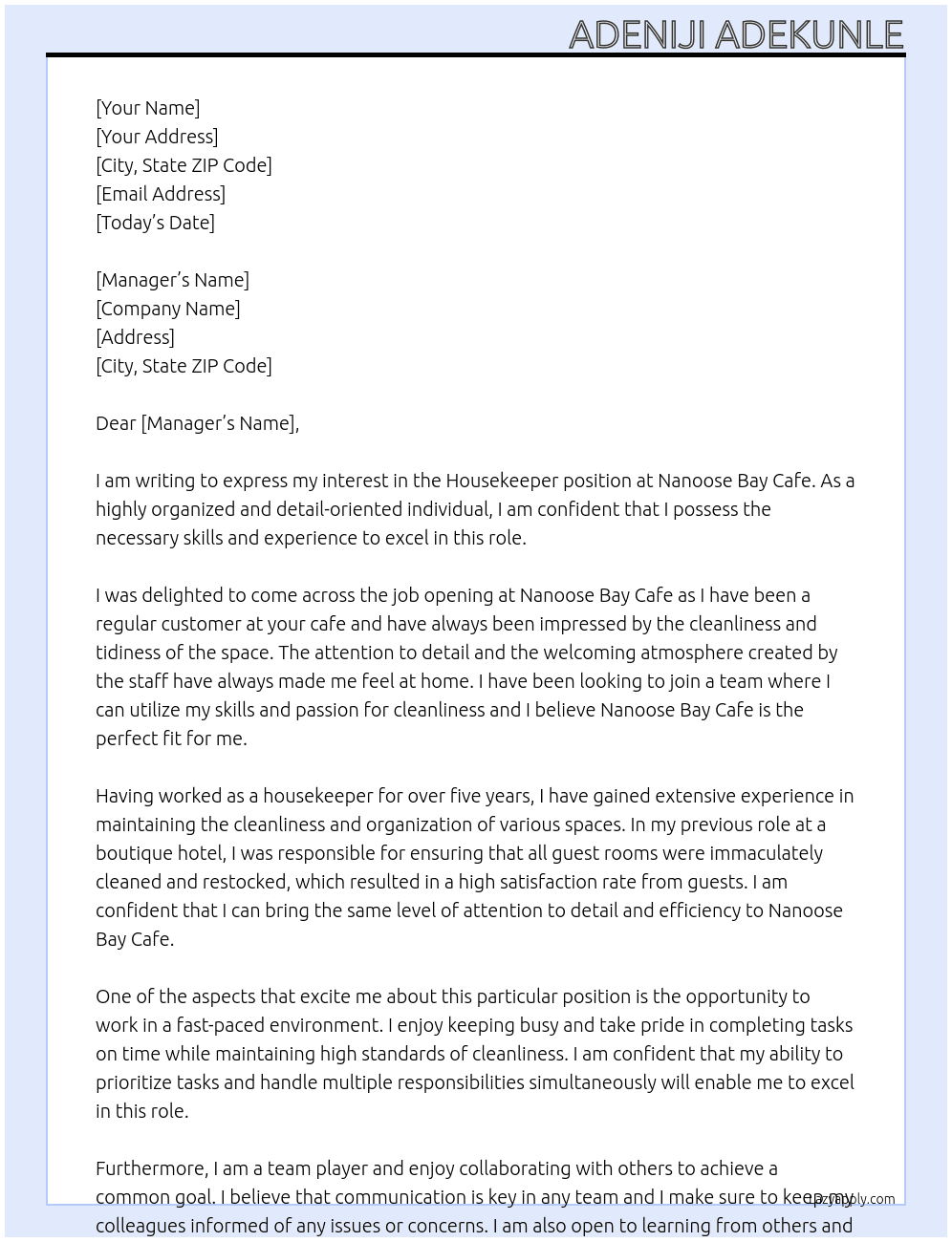 House keeper At Nanoose Bay Cafe Cover Letter