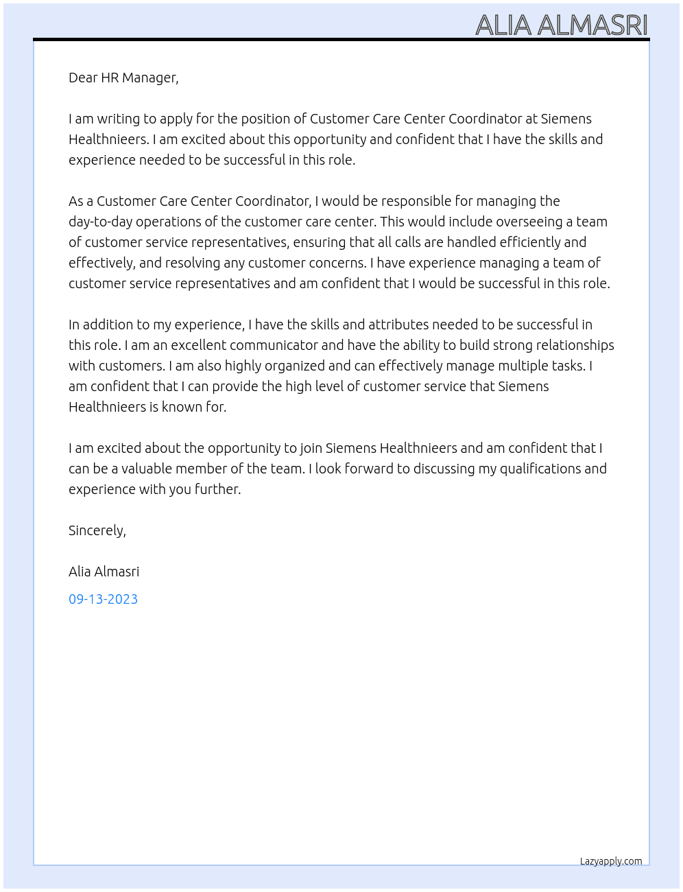 Customer Care Center Coordinator At Siemens Healthnieers  Cover Letter