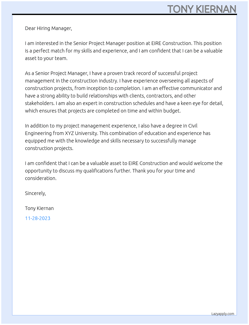 Senior Project Manager At EIRE Construction Cover Letter
