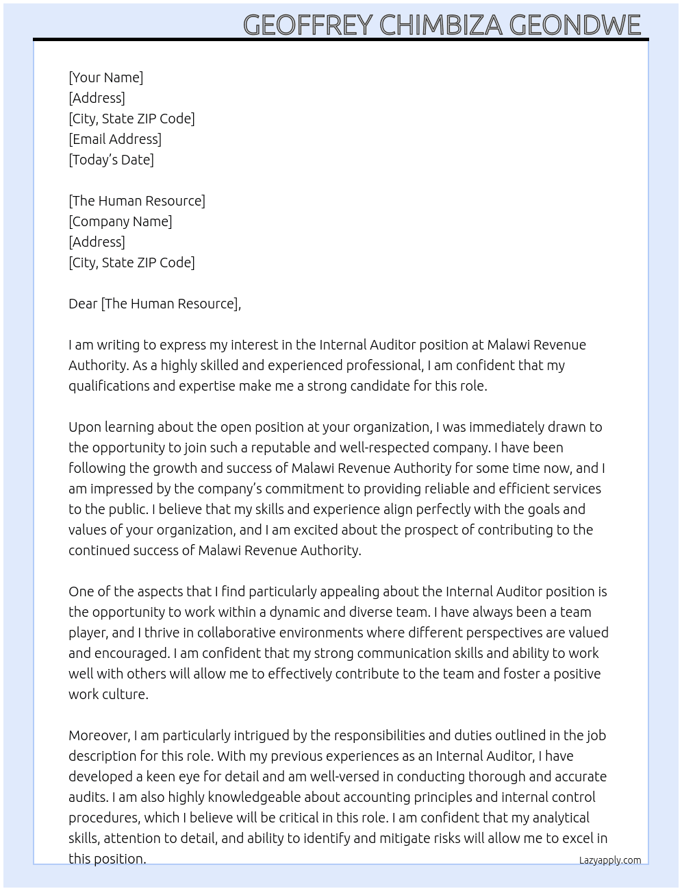 INTERNAL AUDITOR At Malawi Revenue Authority Cover Letter