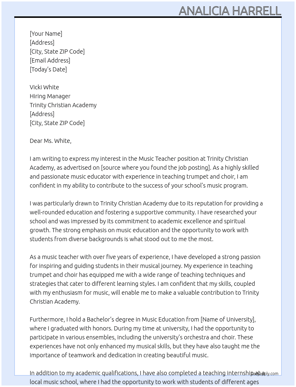 Music Teacher At Trinity Christian Academy  Cover Letter
